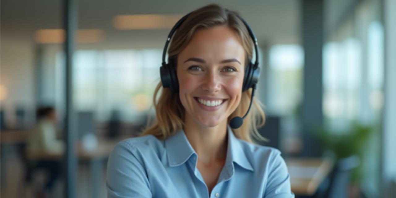 Representante de atención al cliente sonriente en oficina moderna