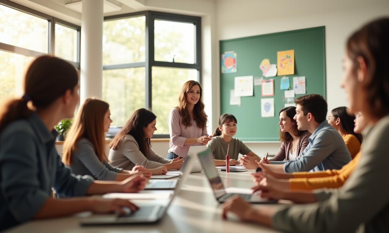 Aula moderna con estudiantes participando activamente en clase