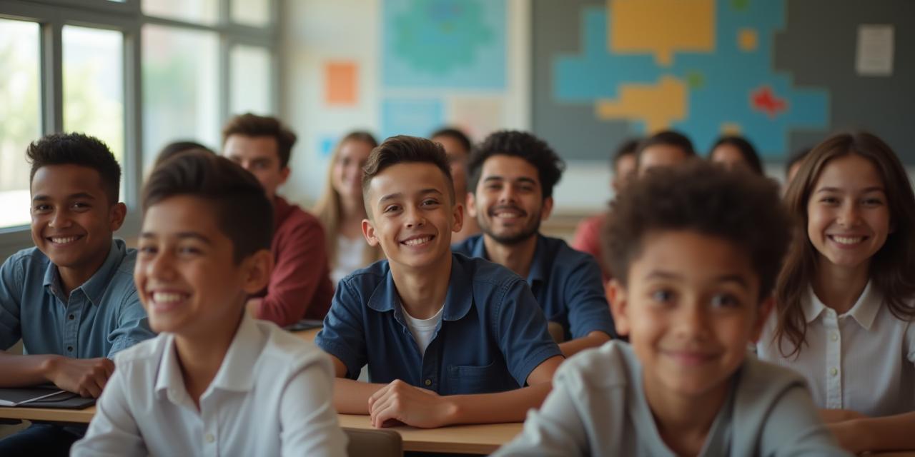 Alumnos internacionales sonrientes aprendiendo inglés